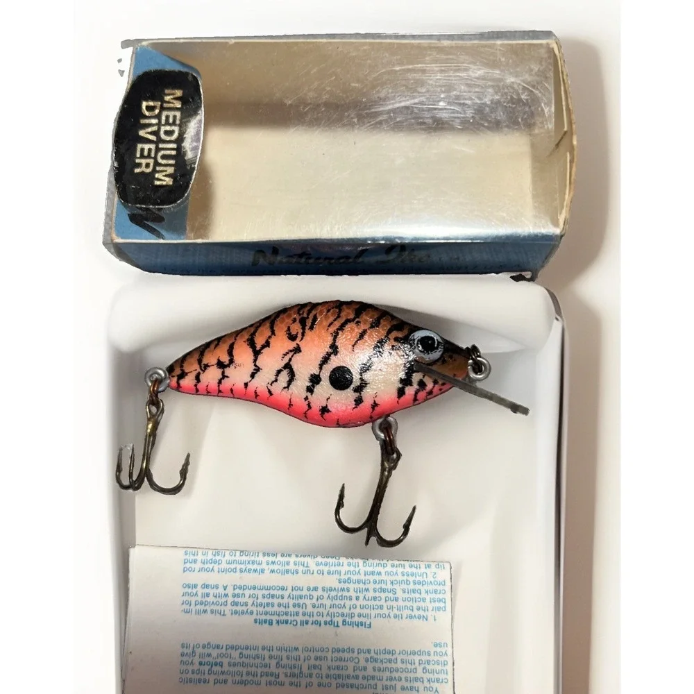 Vintage Natural Ike Medium Diver Crankbait NOS Box Insert Orange Craw Pattern